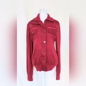 Guess Full Zip Button Down Sweater Jacket Maroon Red Size Medium 100% Cotton